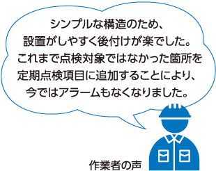 シンプルな構造のため、設置がしやすく後付けが楽でした。これまで点検対象ではなかった箇所を定期点検項目に追加することにより、今ではアラームもなくなりました。